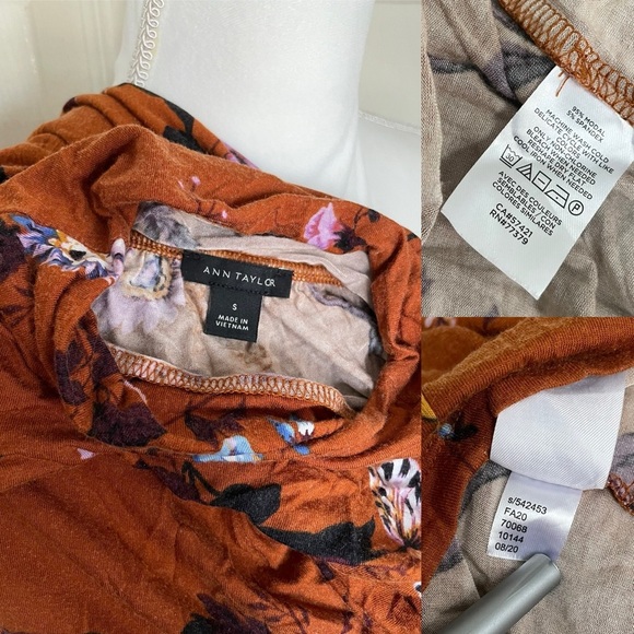 Ann Taylor Rust Floral Stretchy Turtleneck Puff Sleeve Women’s Small Blouse - Picture 7 of 13